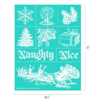 Show details for Naughty Nice Minis A teal-colored stencil sheet featuring various white Christmas-themed designs, such as a snowflake, candle, pinecones, decorated tree, bells, gift box, "Naughty Nice" text, and Santa's sleigh with reindeer. The stencil dimensions are 8.5 by 11 inches.