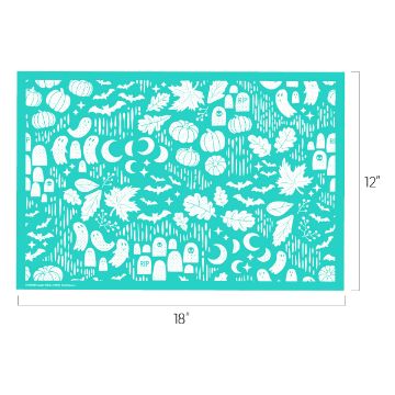 Show details for Spooky Pattern A rectangular stencil with a turquoise background, measuring 18 inches by 12 inches. The stencil features various Halloween-themed shapes, including pumpkins, ghosts, crescent moons, bats, gravestones, and autumn leaves.