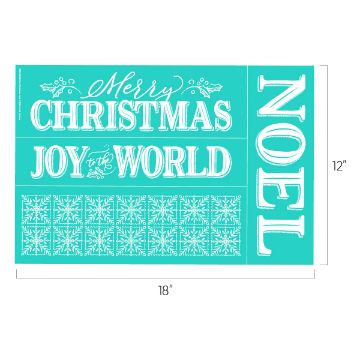 Show details for Merry Christmas Noel A teal stencil sheet measuring 18 inches by 12 inches featuring the phrases "Merry Christmas," "Joy to the World," and "Noel" in white, along with a pattern of snowflakes at the bottom.
