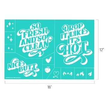 Show details for So Fresh An image of decal stickers on a teal background, featuring phrases like "SO FRESH AND SO CLEAN," "NICE BUTT," and "DROP IT LIKE IT'S HOT." There are also small icons such as hearts, a carrot, flame symbols, and sparkling stars. The image dimensions are 18" x 12".