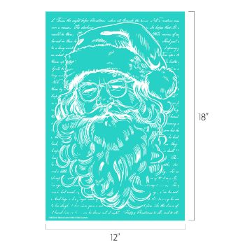 Show details for Believe Santa A teal rectangular poster measuring 12 inches by 18 inches features a white artistic sketch of Santa Claus wearing a classic Santa hat and glasses. The background consists of handwritten text in white.