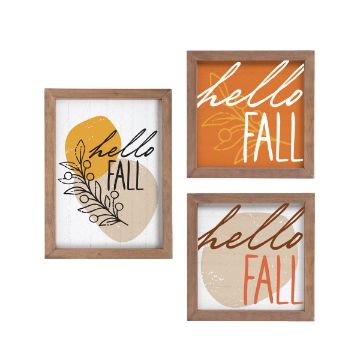 Show details for Hello Fall Three framed autumn-themed signs are shown. The first features "hello FALL" with leaf designs on a white background, the second has "hello FALL" in cursive on an orange background, and the third displays "hello FALL" on a beige background with circles.