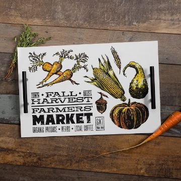 Show details for Fall Harvest A poster for a fall harvest farmers' market displayed on a wooden surface. The poster features illustrations of carrots, corn, onions, a pumpkin, and other vegetables. Text on the poster includes "Town Square," "Farmers' Market," and "Organic Produce • Herbs • Local Coffee.