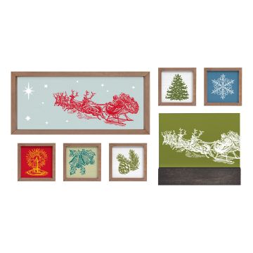 Show details for Naughty Nice Minis A collection of framed holiday-themed prints. The largest print shows Santa in a red sleigh with reindeer on a light blue background. Other prints include a Christmas tree, a snowflake, a candle, holly, pine cones, and another Santa in a sleigh on a green background.