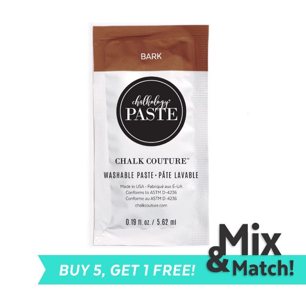 A single-use packet of Chalk Couture washable paste in the "Bark" color is shown. The packet is brown at the top and white at the bottom, with product information. A banner at the bottom reads "BUY 5, GET 1 FREE!" alongside the "Mix & Match!" promotion.