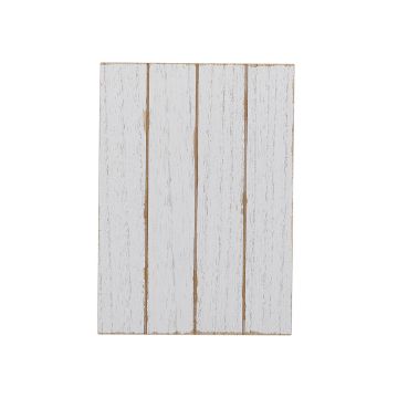 Show details for Shiplap Sign (9½" x 12½") A rectangular wooden panel with a white, weathered finish, featuring vertical grooves that divide it into four sections. The edges have a slightly distressed look, giving it a rustic, vintage appearance. The background is plain white.