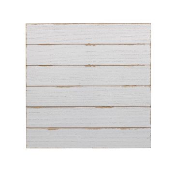 Show details for Shiplap Sign (18" x 18") A square panel made of horizontal wooden planks, each painted white with visible wood grain and slight wear marks. The edges of the planks have a slightly weathered look, giving the panel a rustic appearance.