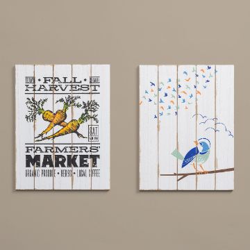 Show details for Shiplap Sign (9½" x 12½") Two wooden wall art pieces. The left one features a "Farmers' Market" design with illustrated carrots and text about organic produce, herbs, and coffee. The right one depicts a blue bird on a branch with small colorful birds flying in the background.