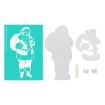 An image of a Santa Claus stencil kit. The kit includes a turquoise stencil with a white Santa Claus design, two white cut-out Santa shapes, and a set of adhesive pads. The shapes include Santa's body and separate pieces for his face and hands.
