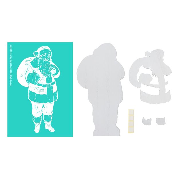 An image of a Santa Claus stencil kit. The kit includes a turquoise stencil with a white Santa Claus design, two white cut-out Santa shapes, and a set of adhesive pads. The shapes include Santa's body and separate pieces for his face and hands.