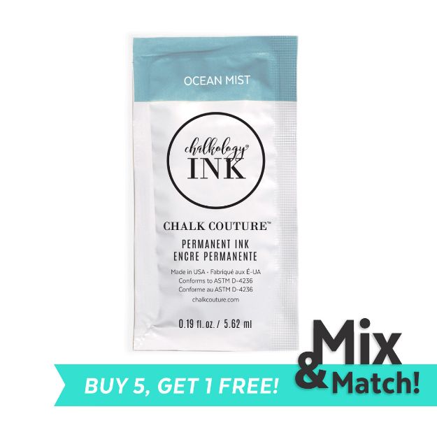 A packet of Chalk Couture Chalkology Ink in the color Ocean Mist. The packet contains 0.19 fl. oz. (5.62 mL) of permanent ink. Text at the bottom left says "BUY 5, GET 1 FREE!" on a teal banner.