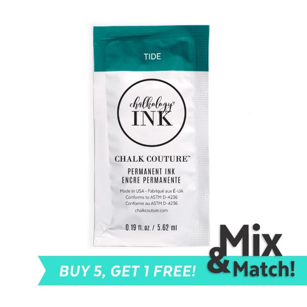 A packet of Chalkology Ink by Chalk Couture in the color Tide. The packet is labeled as permanent ink and is 0.19 fl oz (5.62 mL). A banner at the bottom reads "BUY 5, GET 1 FREE!" and has the text "Mix & Match!" in the lower right corner.
