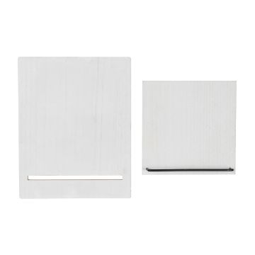 Show details for Cookbook Stand Two white, minimalist wall-mounted shelves of different sizes. The larger shelf on the left has a thin horizontal slot near the bottom, while the smaller shelf on the right features a slender metal rod across the lower section. Both shelves have a clean, simple design.
