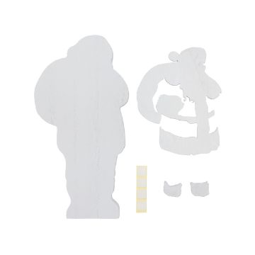Show details for Little Saint Nick Cutout A flat, white, undecorated wooden cutout of a Santa Claus silhouette stands next to several disassembled cutout pieces, including parts for a hat, beard, mustache, and glasses. Four small adhesive squares are also visible.