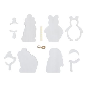 Show details for Cozy Critters (4-Pack) Image of several white wooden cut-out shapes representing various animal forms and parts, arranged neatly on a white surface. Included are small accessories, a string, and adhesive strips. Shapes appear to be pieces for crafts or decoration assembly.