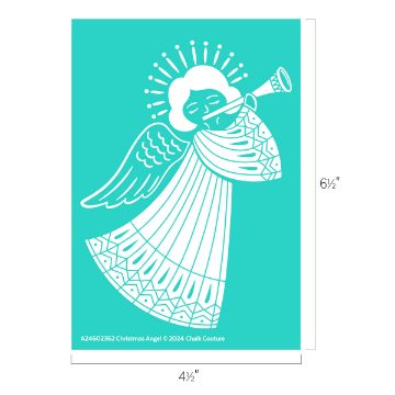 Show details for Christmas Angel A graphic illustration of an angel blowing a trumpet, with halo lines emanating from its head. The angel has wings and a detailed patterned robe. The background is teal, and the dimensions of the image are 4½" by 6½". Text at the bottom reads "A24602362 Christmas Angel © 2024 Chalk Couture.