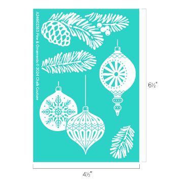 Show details for Pine & Ornaments An image featuring a stencil design of various white holiday ornaments and pine elements on a teal background. The decorations include pine cones, pine branches, and intricately patterned baubles. The stencil dimensions are 6½ inches by 4½ inches.