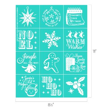 Show details for From Santa With Love A teal grid of nine festive holiday designs, each with different Christmas-themed graphics and text: "Let It Snow," "Naughty/Nice checklist," "NOEL," snowflake, "Warm Wishes," "Jingle All The Way," gingerbread man, gift, "Santa's Lil' Helper," "HO HO HO," and holly.