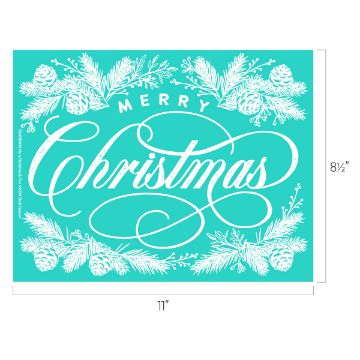 Show details for Merry Christmas & Pine A festive teal postcard features the phrase "Merry Christmas" in elegant, white cursive. Surrounding the text are white illustrations of pine branches and pinecones. The postcard dimensions are indicated as 11 inches wide and 8.5 inches tall.