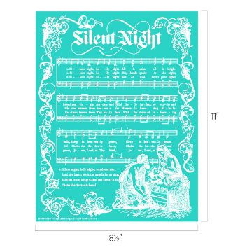 Show details for Vintage Silent Night A teal poster measuring 11 inches by 8.5 inches with the title "Silent Night" at the top. It features musical notes, lyrics to the song "Silent Night," and an illustration of a nativity scene at the bottom. The design includes ornate, decorative borders.