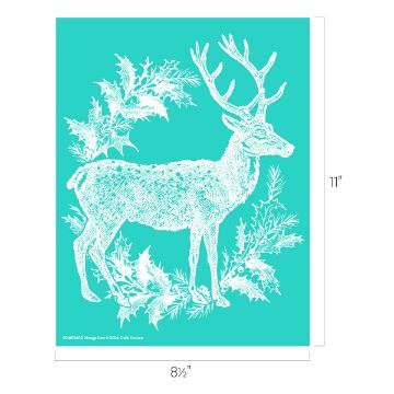Show details for Vintage Deer A detailed white illustration of a deer with antlers, surrounded by holly leaves and branches, is set against a teal background. The dimensions of the image are marked as 11 inches in height and 8.5 inches in width.