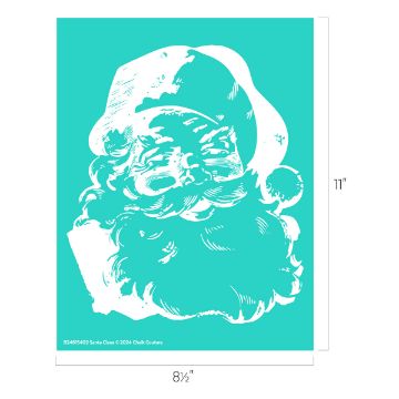 Show details for Santa Claus A teal stencil features a detailed illustration of Santa Claus's face with his hat on. The stencil dimensions are 8.5 inches wide and 11 inches tall. Santa's face is depicted with bold lines, showcasing his iconic beard, mustache, and jolly expression.