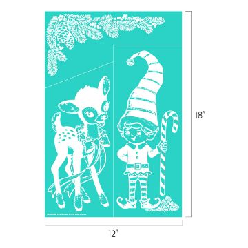 Show details for Elf & Reindeer A teal stencil template measuring 12 inches by 18 inches features a festive design of a smiling elf holding a candy cane and a baby reindeer with a bow around its neck. Pine branches decorate the upper left corner.