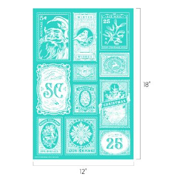Show details for Holiday Stamps A teal and white holiday-themed graphic featuring various vintage-inspired postage stamp designs. Stamps include images like Santa Claus, birds, snowflakes, and seasonal phrases like "Winter Wishes" and "Merry Christmas." The dimensions are 12 inches by 18 inches.