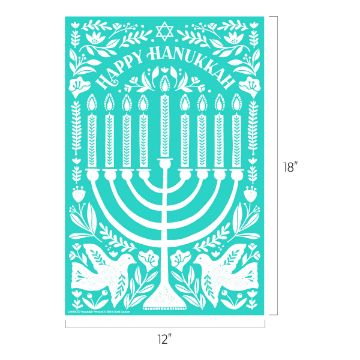 Show details for Hanukkah Menorah A teal and white Hanukkah card featuring a menorah with nine lit candles, surrounded by floral patterns and two doves at the bottom. The text "Happy Hanukkah" is displayed at the top, with a Star of David above it. The card dimensions are 12 inches by 18 inches.