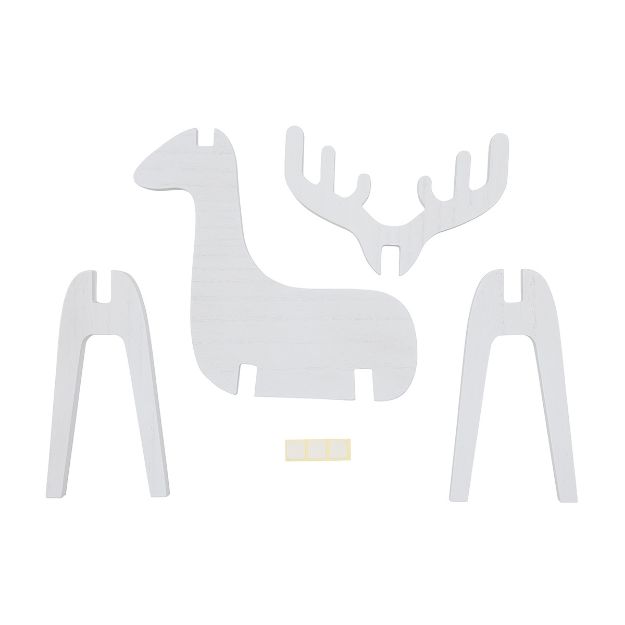 A disassembled wooden reindeer decoration consisting of a body piece, two legs, a head with antlers, and small rectangular connectors. The pieces are laid out on a plain white background, ready for assembly.