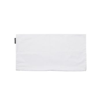 Show details for Lumbar Pillow Cover (White, 12" x 24") A rectangular white pillowcase with a smooth texture. It has a small, dark tag on the left edge. The pillowcase is displayed flat against a solid white background.