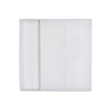 Show details for Table Display Mold (Board & Base Mold (5" x 7") A white, minimalist plastic container featuring a sliding lid. The container is segmented into a larger left section and four smaller square sections on the right. The lid partially covers the right sections while the left section is uncovered.