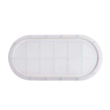 Show details for Catch-All Tray Mold (4" x 9”) A transparent plastic ice cube tray with a white frame, viewed from above. The tray has 14 rectangular compartments for making ice cubes.