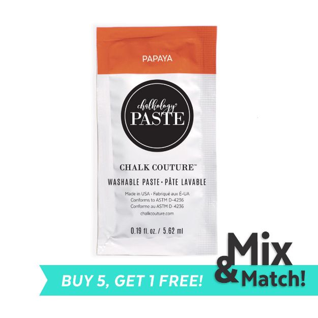 A packet of Chalk Couture Washable Paste in Papaya flavor. The packet is orange and white with product details in black text. A promotional banner at the bottom reads "Buy 5, Get 1 Free!" in teal text.