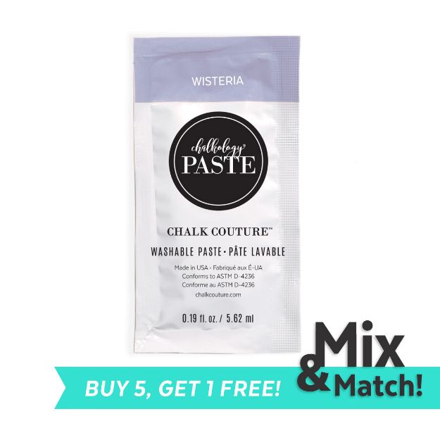 A packet of Chalk Couture Chalkology Paste in Wisteria. The packaging is mostly white with a black and white logo. Text at the bottom reads "Buy 5, Get 1 Free!" with "Mix & Match!" in bold letters.