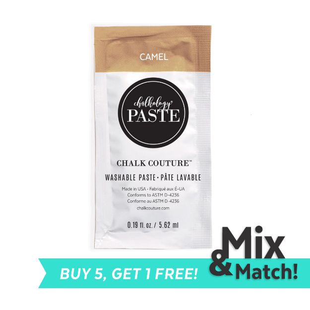 A packet of Chalk Couture Washable Paste in Camel color. The packet is gold and white with black text. Below, a green banner reads "Buy 5, Get 1 Free!" in bold letters.