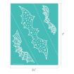 A turquoise sheet featuring three white bat designs with intricate patterns: one with stars, another with circles, and the last with a spiderweb. Dimensions are 8.5 inches by 11 inches.