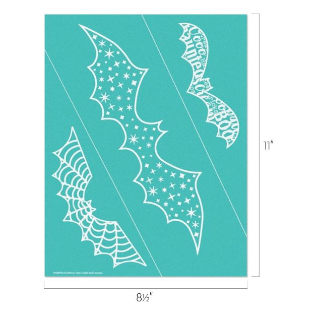 A turquoise sheet featuring three white bat designs with intricate patterns: one with stars, another with circles, and the last with a spiderweb. Dimensions are 8.5 inches by 11 inches.