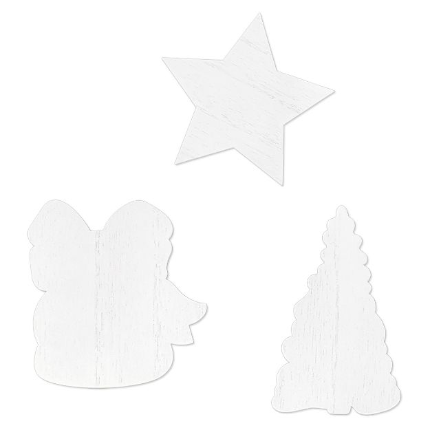 Three white, unfinished wooden cutouts: a star, a tree, and a bear with a scarf. Each has a rustic, minimalist design against a plain white background.