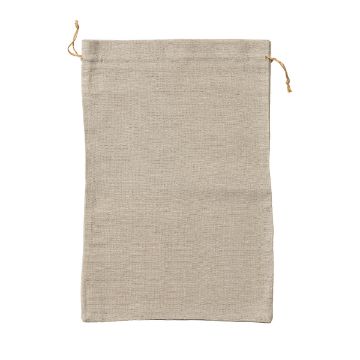 Show details for Drawstring Bag (Tan, 24" x 32") A beige fabric drawstring bag with a coarse texture, resting flat. The drawstrings are positioned at the top corners, ready for closure. The neutral color and simple design suggest versatility for various uses.