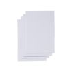 Four blank sheets of white paper are stacked slightly askew against a plain white background.