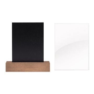 Show details for Reusable Acrylic Bundle A black rectangular card is placed on a wooden stand, next to a blank white rectangular card on a white background.