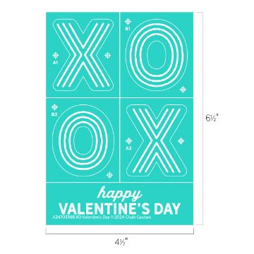 Show details for XO Valentine's Day A teal stencil with the letters "X" and "O" in a bold, lined style, arranged in a grid. Below, the text reads "happy VALENTINE'S DAY" in a playful font. Measurements are shown on the sides.
