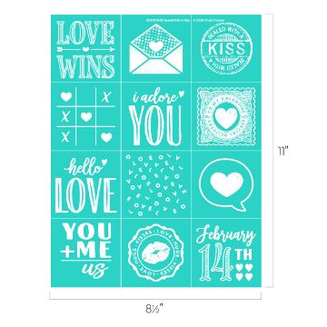 Show details for Sealed With A Kiss A teal sheet with white romantic designs includes phrases like "LOVE WINS," "i adore YOU," "hello LOVE," and "YOU + ME = US," along with hearts, a love letter, tic-tac-toe game, and "February 14th" text.