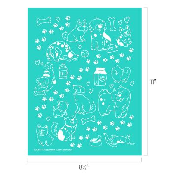 Show details for Puppy Pattern Illustration of various dog breeds, dog bones, paw prints, hearts, and items like a food bowl and milk carton. The background is teal, and the designs are in white outline. Dimensions are 8.5 by 11 inches.