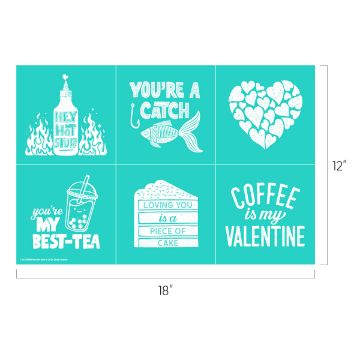 Show details for Hey Hot Stuff A teal grid with six white illustrations: hot sauce and text "Hey Hot Stuff," a fish with "You're a Catch," a heart made of smaller hearts, a bubble tea with "You're My Best-Tea," a cake slice with "Loving You is a Piece of Cake," coffee with "Coffee is My Valentine.