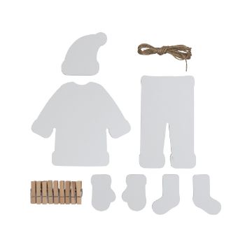 Show details for Santa's Clothesline A collection of white cardboard cutouts resembling a shirt, pants, hat, and four socks. A bundle of twine and several wooden clothespins are also included, all arranged on a white background.