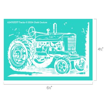 Show details for Tractor Silhouette of a vintage tractor on a teal background with dimensions marked as 6.5 inches wide and 4.5 inches tall.