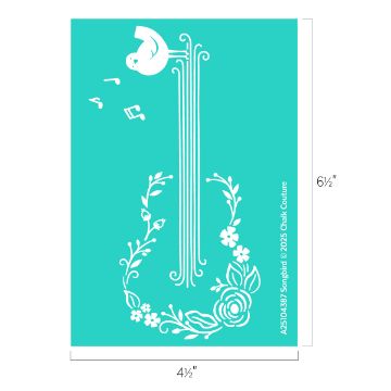 Show details for Songbird An illustration of a violin with floral and leaf patterns on a teal background. A bird is perched on the scroll, singing musical notes. Dimensions are 4.5 inches by 6.5 inches.