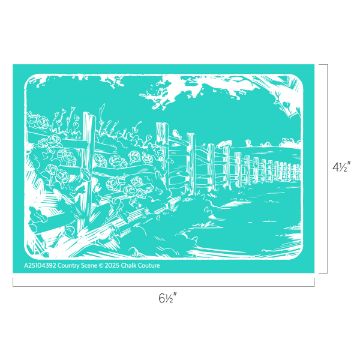 Show details for Country Scene Teal-colored illustration of a country scene with a rustic fence running along a path, bordered by wildflowers. The sky is partly cloudy. Dimensions are 6 1/2 inches by 4 1/2 inches.